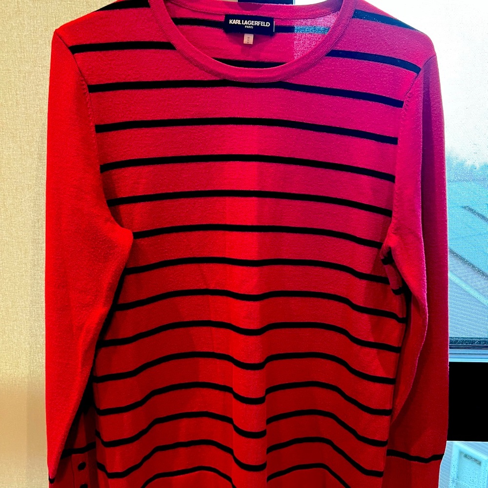 Karl Lagerfeld Womens Sweater S Dark Pink Striped Pullover Long Sleeve
